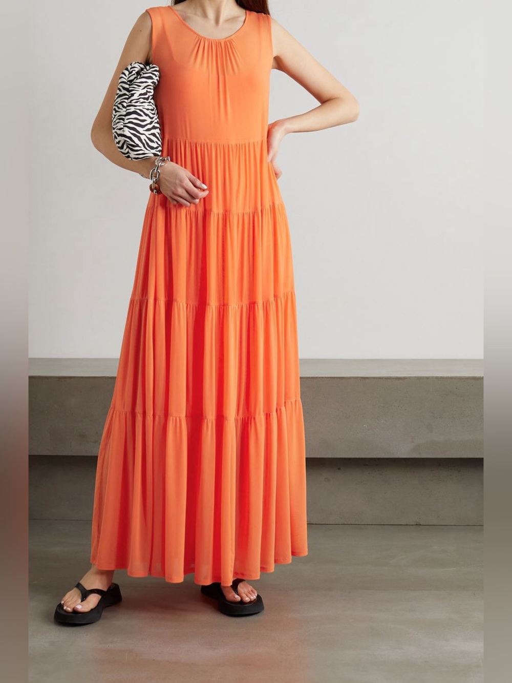 NEW STAUD Benedetta Tiered Stretch Mesh Maxi Dress Nectarine Orange Small
